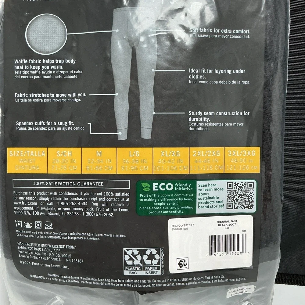 Fruit of The Loom‎ Men's Black Thermal  Long Johns Pants Size Large